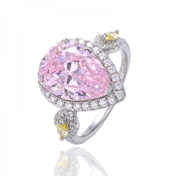 Birnenförmiger Ring aus rhodiniertem Silber mit rosa Diamanten und gelbem Marquise-Zirkon 