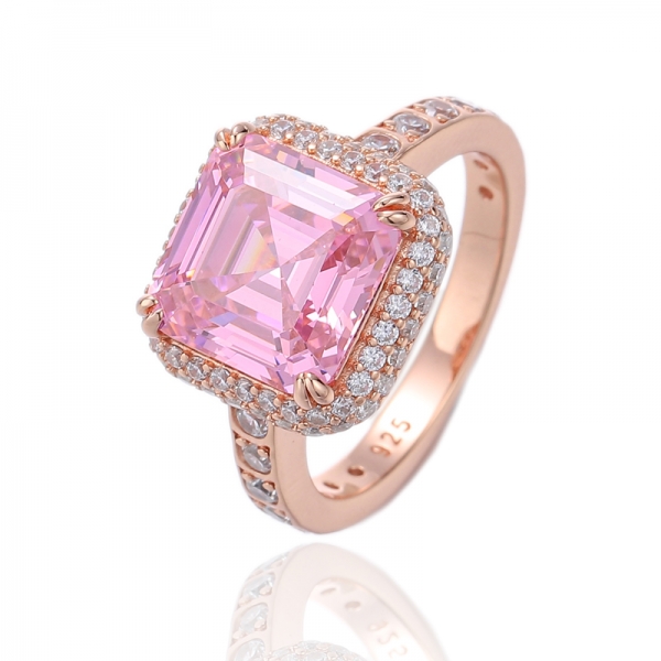 Asscher – Silberring mit rosa und rundem weißen Zirkonia und Roségoldbeschichtung 