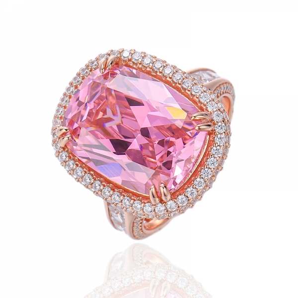 Silberring mit kissenförmigem Diamant in Rosa und quadratischem weißen Zirkonia, rosévergoldet 