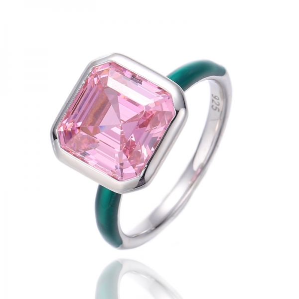 Asscher – Rhodinierter Silberring mit rosa Zirkonia und grünem Email 