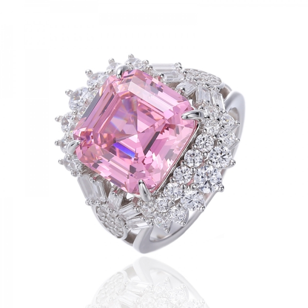 Asscher – Rhodinierter Silberring mit rosa und weißem Zirkonia im Baguette-Stil 