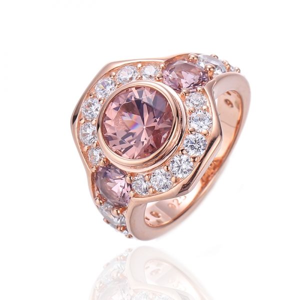 Runder Morganit-Nano- und weißer Cubic Zirkon-Silberring mit Roségold-Beschichtung 