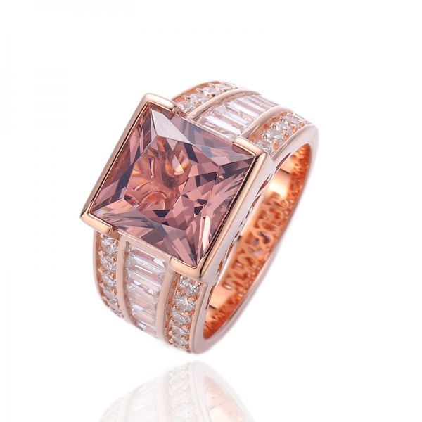 Quadratischer Morganit-Nano- und Baguette-weißer Cubic Zirkon-Silberring mit Roségold-Beschichtung 