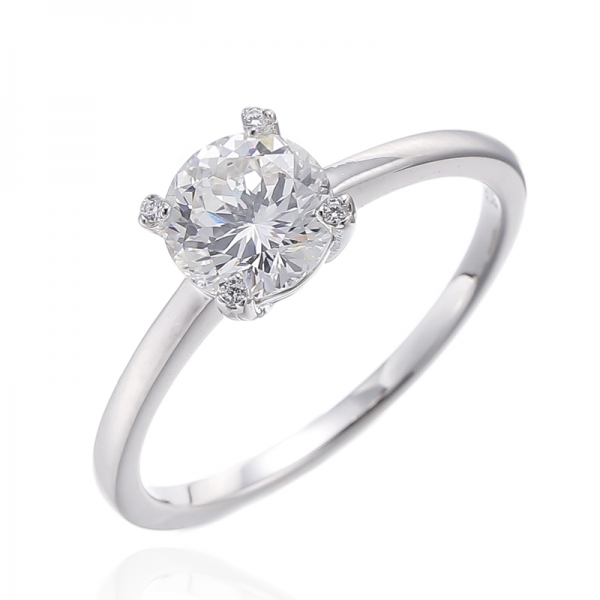 925er Rhodium-Silberring mit rundem Diamanten und weißem Zirkonia
     