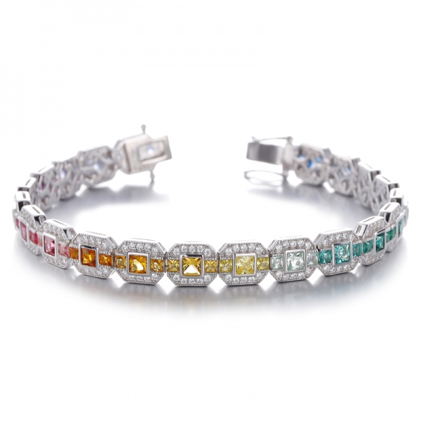 Armband aus rhodiniertem Silber mit quadratischem gelben Diamanten und rundem weißen Zirkonia
     