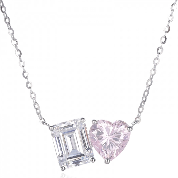 Halskette aus Rhodium-Silber in Herzform mit Diamanten in Rosa und Smaragdschliff und weißem Kubikzircon 