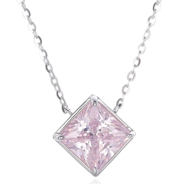 Halskette aus rhodiniertem Silber mit quadratischem Diamant in Rosa und rundem weißem Kubikzircon 