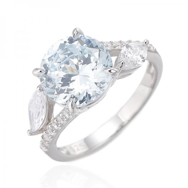 Runder Ring aus Rhodium-Silber mit Aquamarin und Marquise-weißen kubischen Zirkonen 