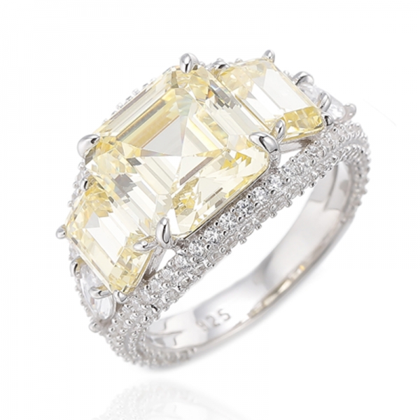 Asscher- und Smaragdschliff-Diamant-Gelb-Kubikzircon-Rhodium-Silberring 