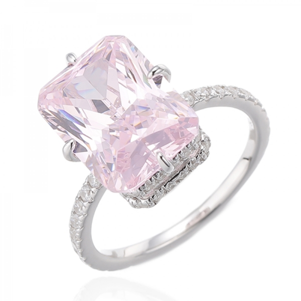 Achteckiger Diamant-Rosa- und runder weißer Kubikzircon-Rhodium-Silberring 