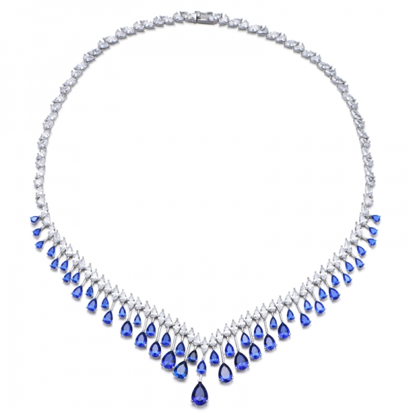 Birnenform Blue Nano und Marquise White Cubic Zircon Rhodium Silber Halskette 