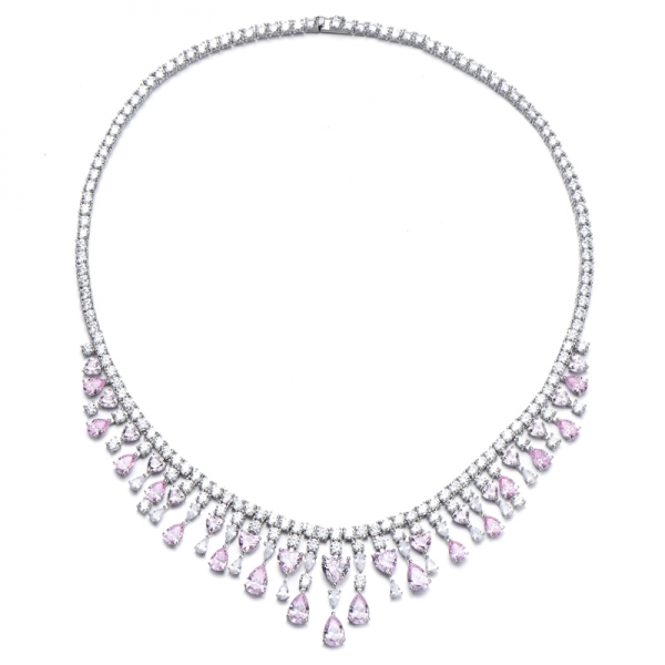 Herzförmige und birnenförmige Diamant-Rosa-Kubikzircon-Rhodium-Silber-Halskette 