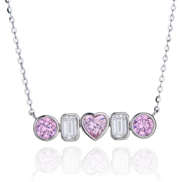 heart shape and round diamond pink cubic zircon rhodium silver necklace 