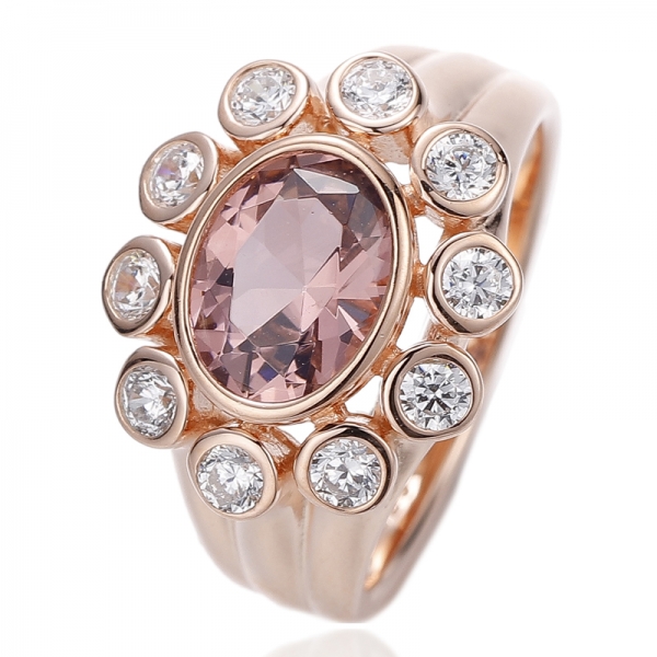 oval shape morganite nano and round white cubic zircon silver ring with rose gold plating 