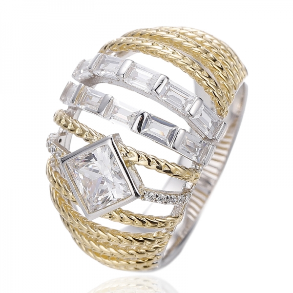Silberring mit quadratischem rosa Diamanten und weißem Baguete-Zirkon, rhodiniert und rosévergoldet 