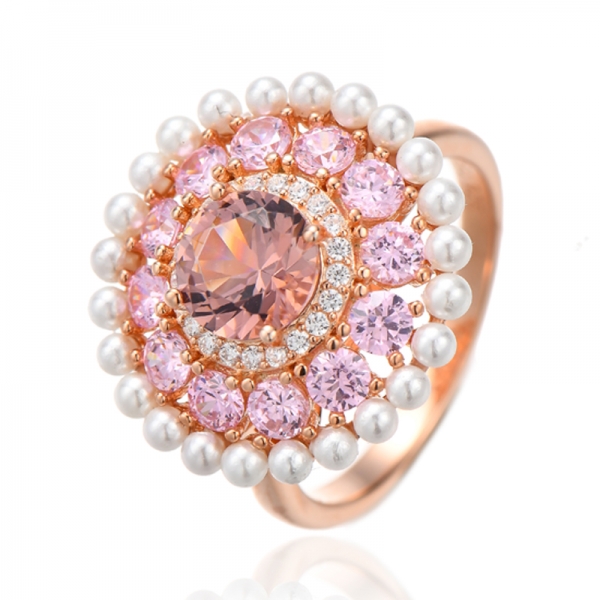 925er Silberring mit rundem Morganit-Nano und rosa Zirkonia, rosévergoldet 