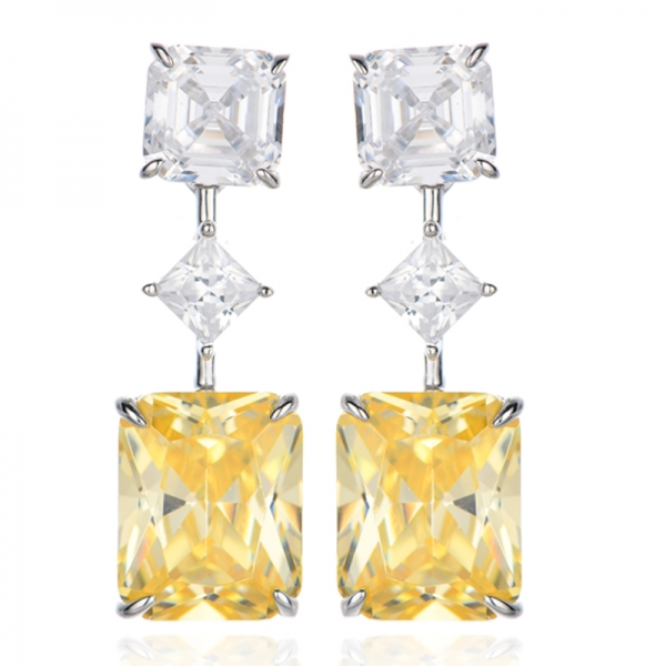 Ohrring aus rhodiniertem Silber mit achteckigem gelben Diamanten und weißem Asscher-Zirkon 