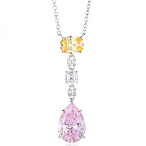 Birnenförmiger Diamant G Kubischer Zirkon und Asscher Grün Nano Rhodium Silber Halskette 