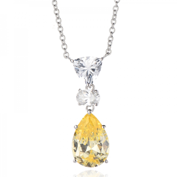 Halskette aus rhodiniertem Silber mit gelbem Diamanten in Birnenform und weißem Zirkonia 