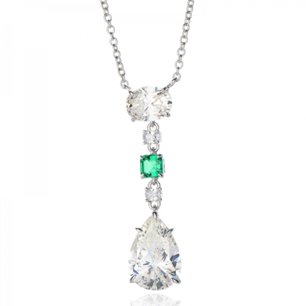 Birnenförmiger Diamant G Kubischer Zirkon und Asscher Grün Nano Rhodium Silber Halskette 
