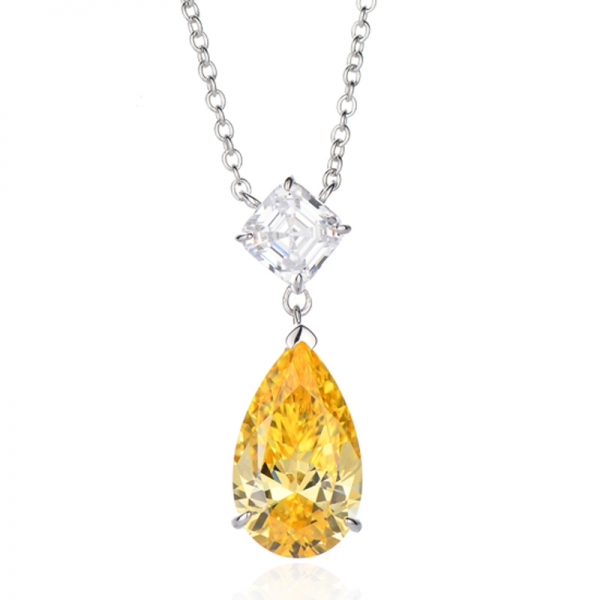 Halskette aus rhodiniertem Silber mit gelbem Diamanten in Birnenform und weißem Asscher-Zirkon 