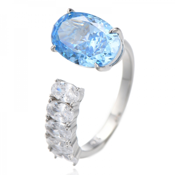 Ovaler offener Ring aus rhodiniertem Silber mit blauem und weißem Zirkonia 