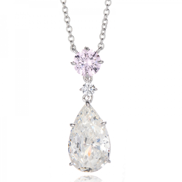 Runde Halskette aus rhodiniertem Silber mit weißem Zirkonia in Rosa und Birnenform 