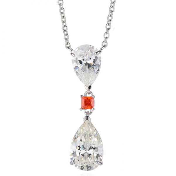 Halskette aus rhodiniertem Silber mit birnenförmigem Diamanten und achteckigem orangefarbenem Zirkonia 