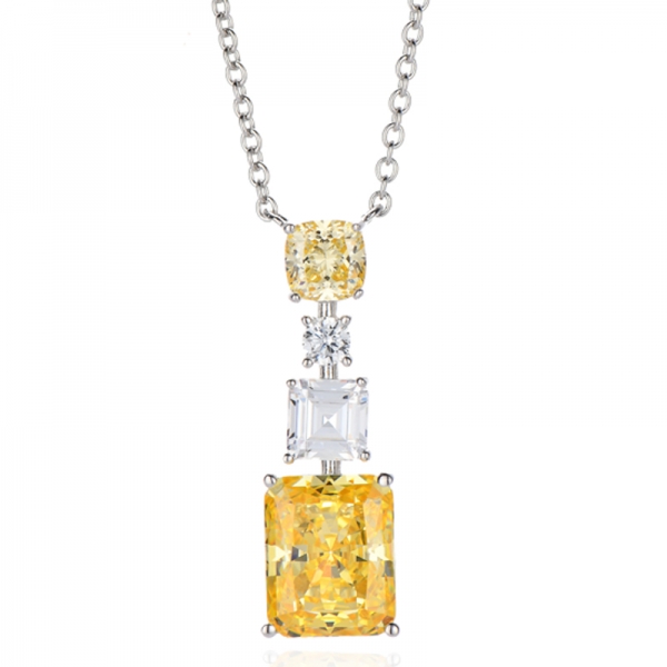 Halskette aus rhodiniertem Silber mit achteckigem und kissenförmigem Diamanten und gelbem Zirkonia 