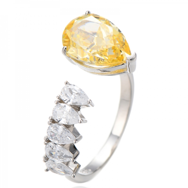 Offener Ring aus rhodiniertem Silber mit gelbem und weißem Zirkonia in Birnenform 