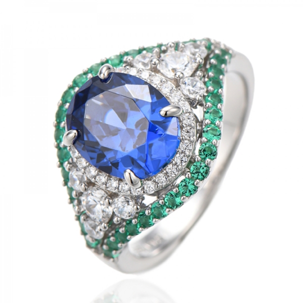 Ovaler Ring aus Tansanit-Zirkon und rundem grünem Nano-Rhodium-Silber 