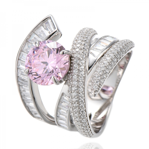 Runder Tansanit und Baguette-weißer Cubic Zirkonia Rhodium Silberring 