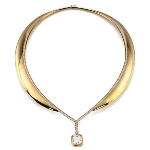 Silberhalskette mit achteckigem Diamanten und rundem weißem Zirkonia und Vergoldung 