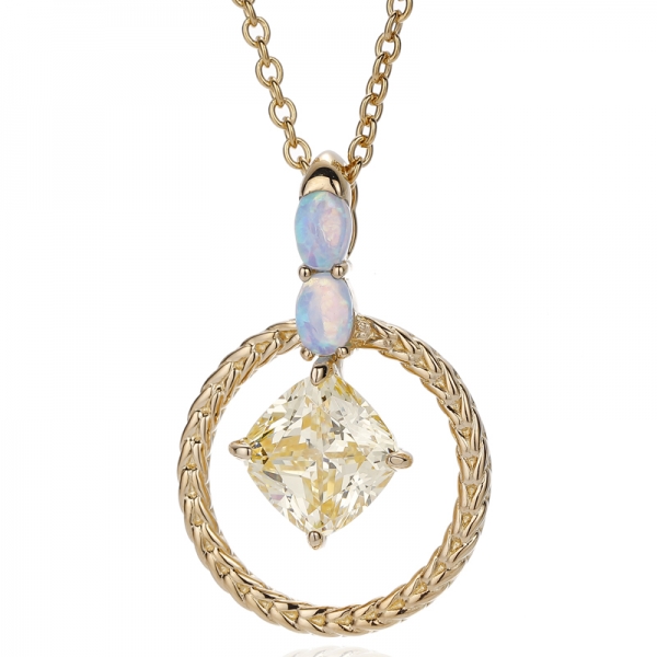 Kissenförmiger, diamantgelber Zirkonia und ovaler Opal-Silberanhänger mit Goldbeschichtung 