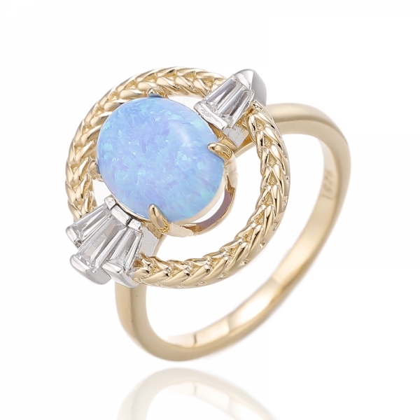Ovaler Silberring mit Opal und konischem weißen Zirkonia und zweifarbiger Beschichtung 