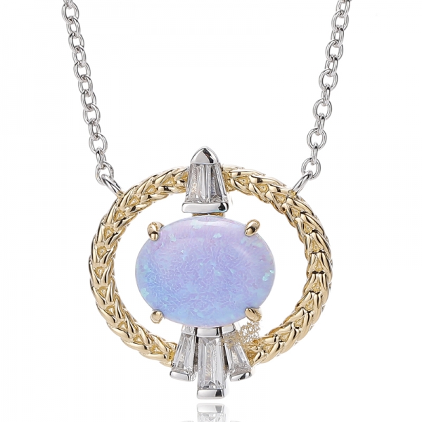 Ovale Silberhalskette mit Opal und konischem weißen Zirkonia und zweifarbiger Beschichtung 