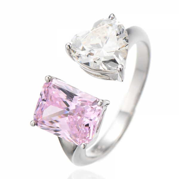 Offener Ring aus rhodiniertem Silber mit achteckigem Diamanten in Rosa und Herzform mit G-Kubikzircon 