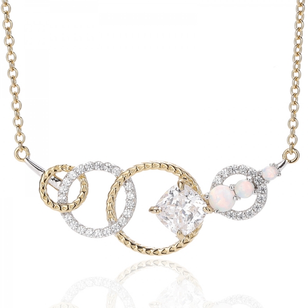 925er Sterlingsilber-Anhänger mit rundem Opal und kissenförmigem weißen Zirkonia, zweifarbig plattiert 