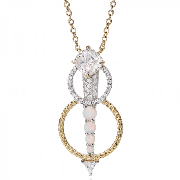 Runder Opal- und kissenförmiger weißer Zirkonia-Silberanhänger mit zweifarbiger Versilberung 