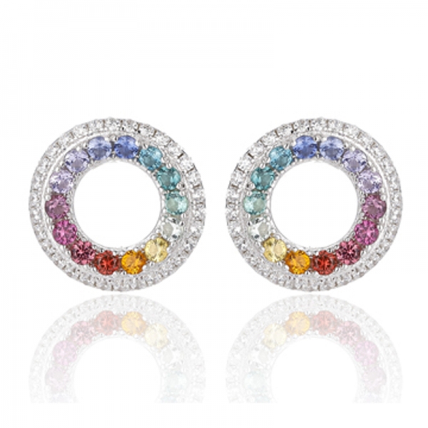 Runder Ohrring aus rhodiniertem Silber mit regenbogenfarbenen und weißen Zirkonia 