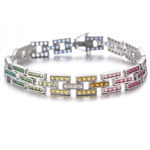 Quadratisches Armband aus rhodiniertem Silber mit Regenbogen-Zirkonia 