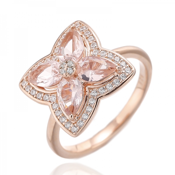 Birnenförmiger Morganit-Nano-Ring und runder weißer Zirkonia aus Silber mit Roségold-Beschichtung 